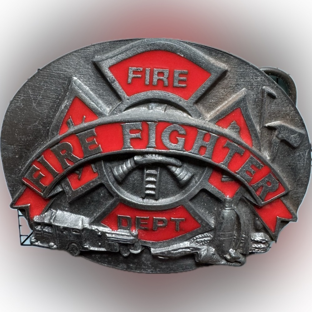 1991 Siskiyou Fire Fighter brass and enamel silver red vintage belt buckle